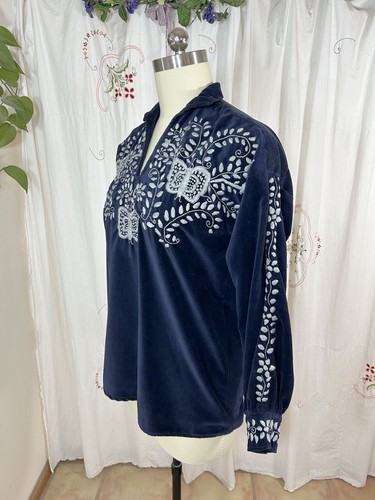 Vtg Handmade Mexican Embroidered Cotton Velvet Shirt Butterflies Flowers Sz L - Picture 6 of 8