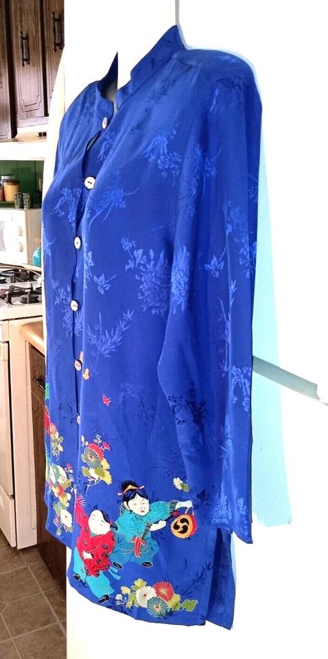 BLUSA VINTAGE DISEÑO CHICO'S AZUL ASIÁTICO JAPONÉS CUELLO MANDARINA 100% SEDA 1 M Foto 2 de 4