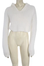 Naked Wardrobe White Fuzzy Fluffy Knit Cropped Hooded Sweater Size S/M