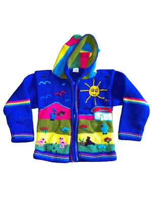 Lucy Iburg Peruvian Sweater Cardigan Zip Hood Acrylic Sz 4