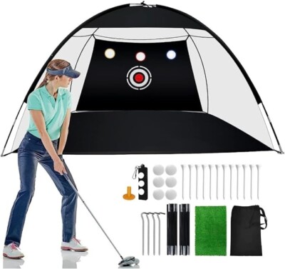 Golf Practice Net Set w/ Hanging Target, Carry bag, Mat, Balls & Tees. 10'x7'x6'