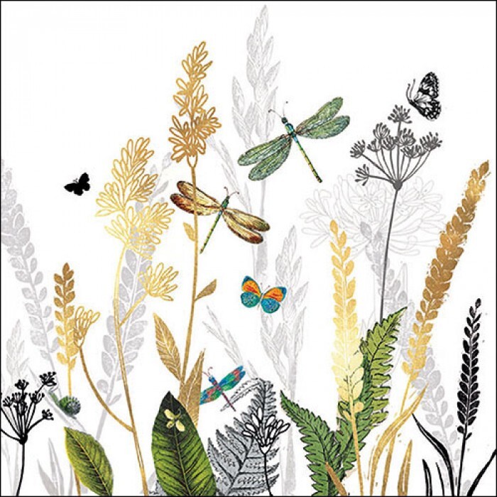 4 x Single Napkin/3-Ply/33cm/Decoupage/Flowers/Leaves/Dragonflies/Butterflies