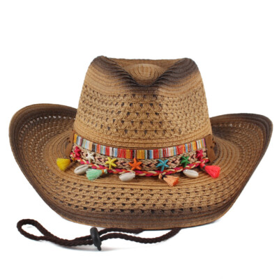 Men Women Straw Cowboy Hat Western Cowgirl Sun Boho Tassel  display picture 1