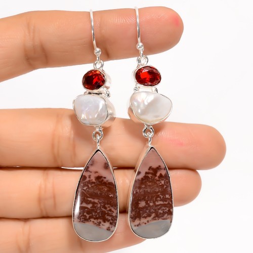 Coffee Bean Jasper Red Garnet Gemstone 925 Silver Handmade Earrings 2.6" ARE3978