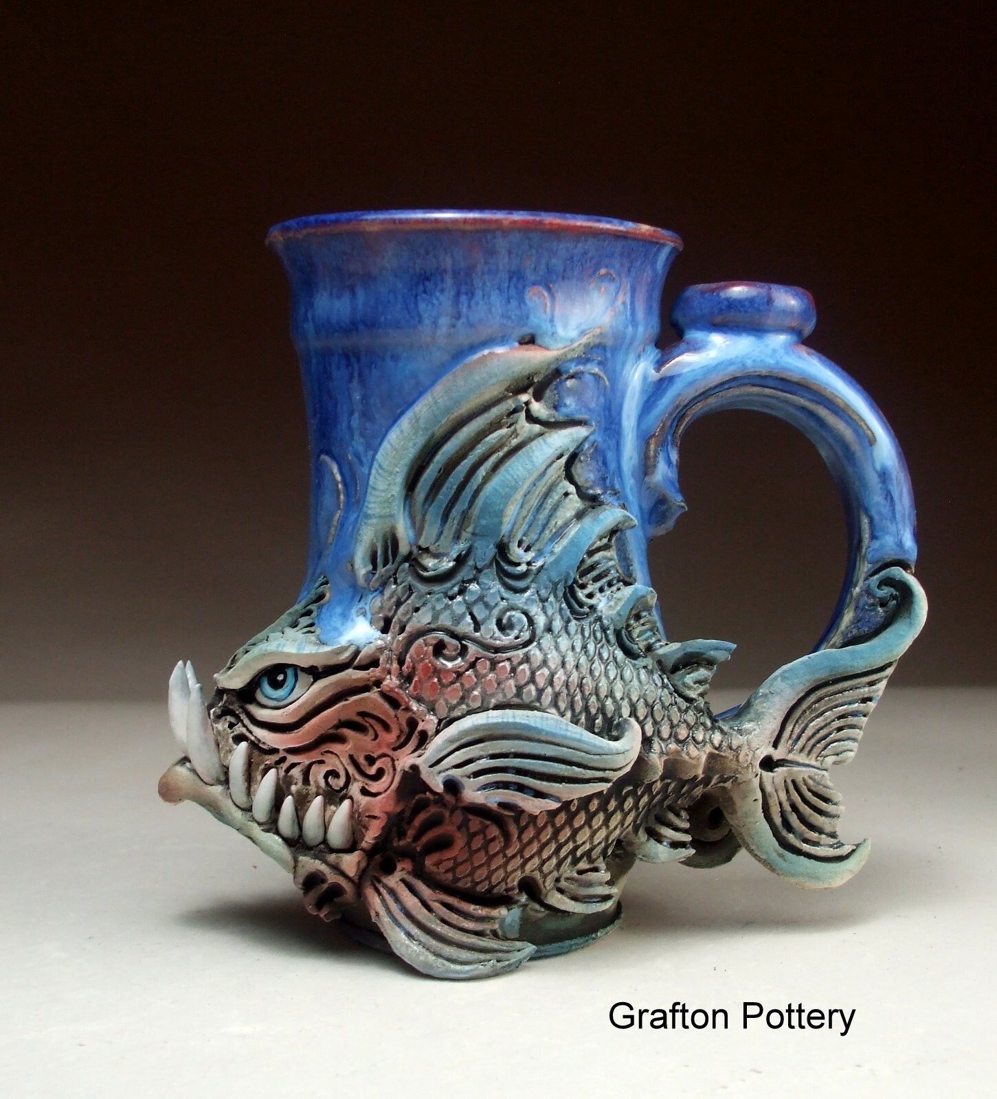 Monster Fish Mug Pottery sculpture by folk art face jug maker Mitchell