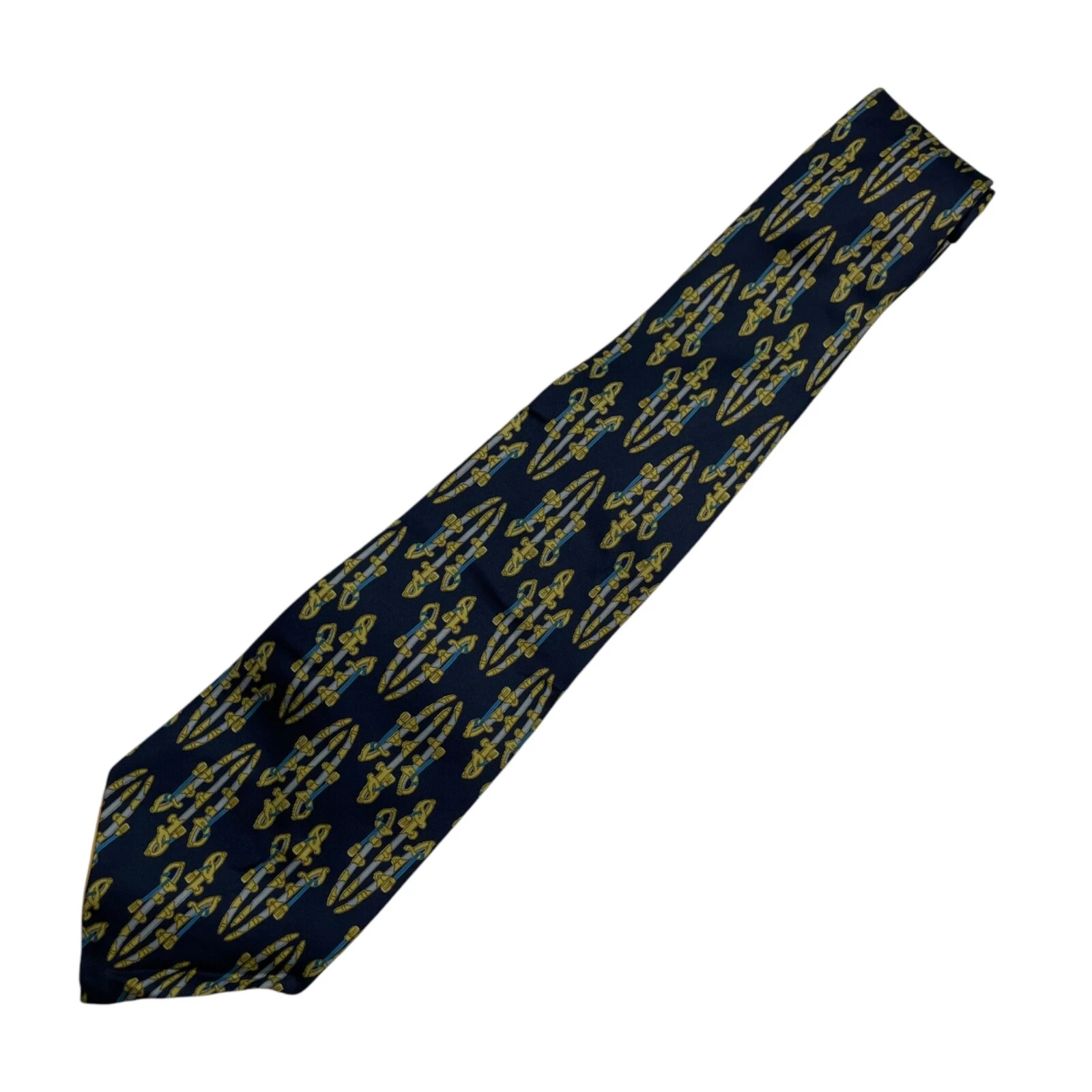 Cravate homme vintage Gucci 100% soie bleu marine/jaune cheval boucles équestres • Italie