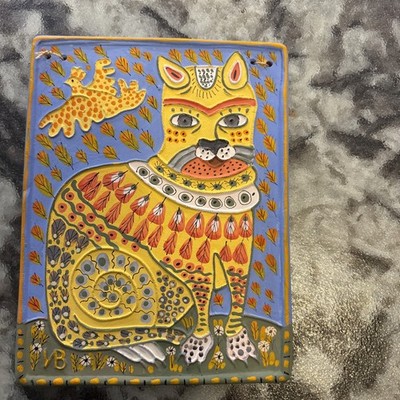 Hand Painted Clay Terracotta Decorative Tile Colorful Cat VB