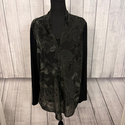 #ad Simply Vera Vera Wang Women’s XL Black amp; Green V neck Printed Blouse Tunic $10.49
