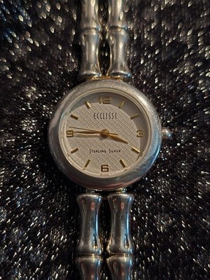 Ecclissi Sterling Silver Quartz Watch, Bamboo Link, Textured Dial, .925, NICE 7''