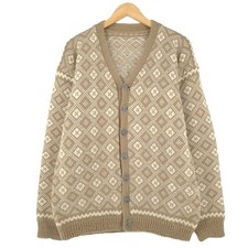 Beige Vintage Nordic Scandinavian Cardigan Sweater Fair Isle V-Neck Wool L