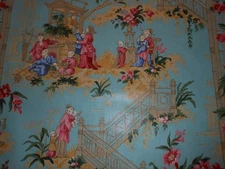 Lee Jofa fabric CHINOISERIE STAIRCASE Printed COTTON multi on TURQUOISE 5Y new