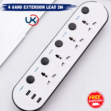 Universal Socket 4 Gang Extension Lead Individually Switched with 3 USB Ports 2M
