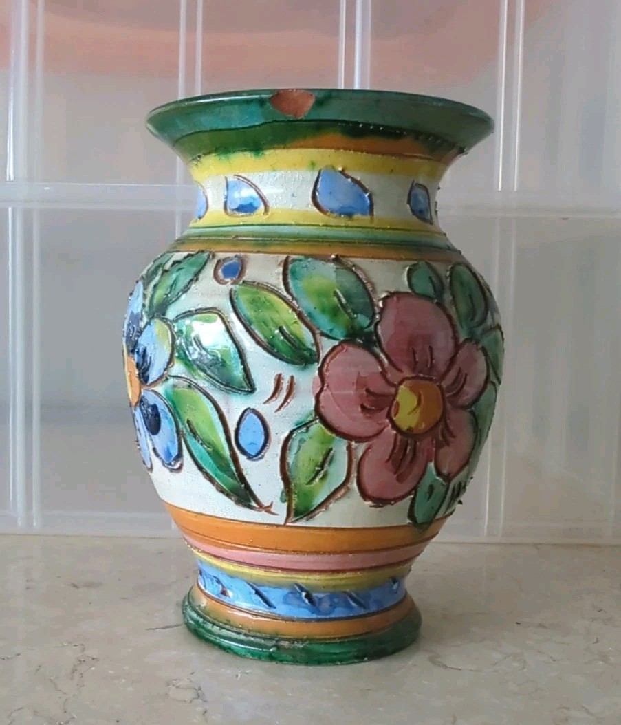 Vintage Italian Hand Painted Art Pottery Vase Multicolored Flowers-As Is