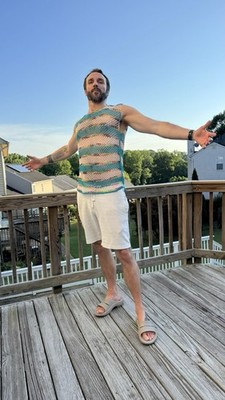 Handmade Crochet Mesh Tank Top Men L Teal Cream Striped Beach Boho Cover Up