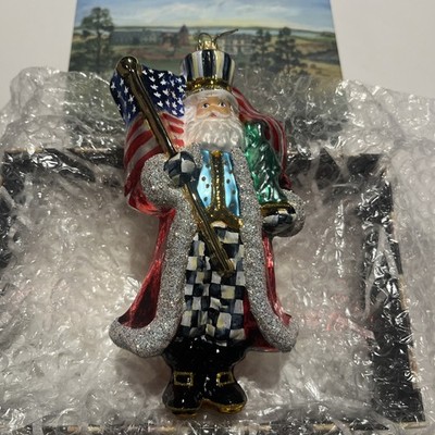 Brand New Mackenzie Childs Santa with Flag Glass Ornament