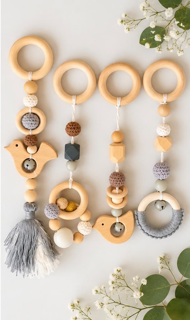 Baby-Spielbogen Zubehör 4-teilig aus Holz – Greiflinge & Rasseln