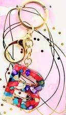 "B' Initial Resin Multi-Color Pebble Stone Gold Keychain Letter Charm Dangle