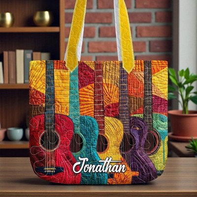 Personalized Colorful Guitar Tote Bag Custom Name Quilted Music Gift Handbag Art