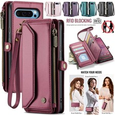 For Google Pixel 10 Pro XL 5G 8 9 Pro 9A 7A Leather Zipper Wallet Case w/ Strap