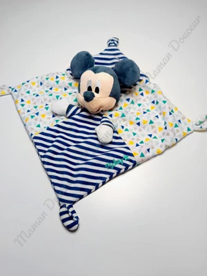 Doudou Plat Carré Souris Mickey Bleu Blanc Rayé Triangles Jaune Vert Disney Baby - Photo 1/4