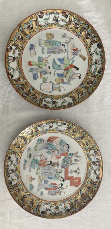 Antique 19th C Chinese Thousand Butterflies plates 9.5" Pair figural court scene