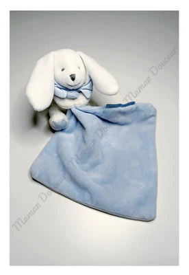 Doudou Plat Peluche Lapin Blanc Bleu Noeud Papillon Fleurs - Doudou Et Compagnie - Photo 1/3