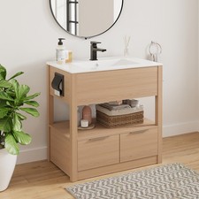 30" Light Oak Wood Bathroom Vanity w/ 2 Drawers  Open Shelf, Sink Not Included