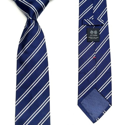 BATTISTONI Navy Blue White Striped Silk Tie Made In ITALY #184