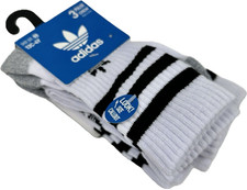 Adidas Kids 3 Pk White Black Crew Polyester Stripe Logo Athletic Sock Set Sz M
