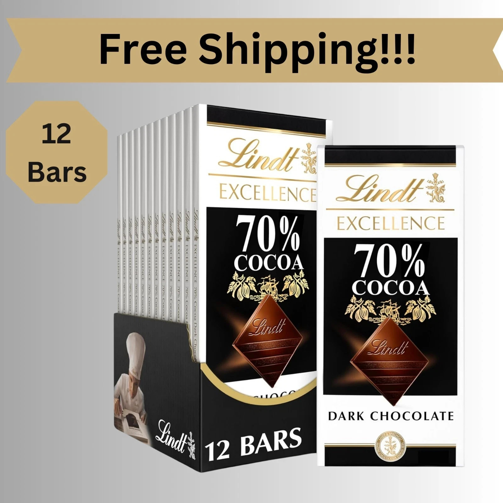 Lindt Excellence Dark Chocolate Bar with 70% Cocoa (Pack of 12) 3.5oz Each