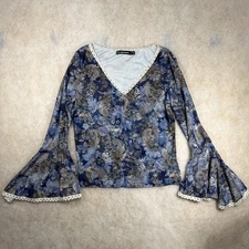 Y2K Coolwear Hippie Boho Blue Paisley Blouse 3/4 Bell Sleeve Lace Trim Jr Sz M
