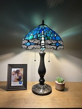 Tiffany Style Table Lamp Blue Stained Glass Dragonfly LED Bulbs 22  H 12"W 12"D