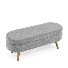 Gray Fabric Oval Storage Ottoman Bench, Rubberwood Legs