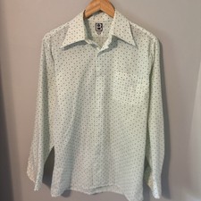 Vintage 60s 70s Geometric Disco Shirt Dagger Collar Flowy Mint Green 40 Size L