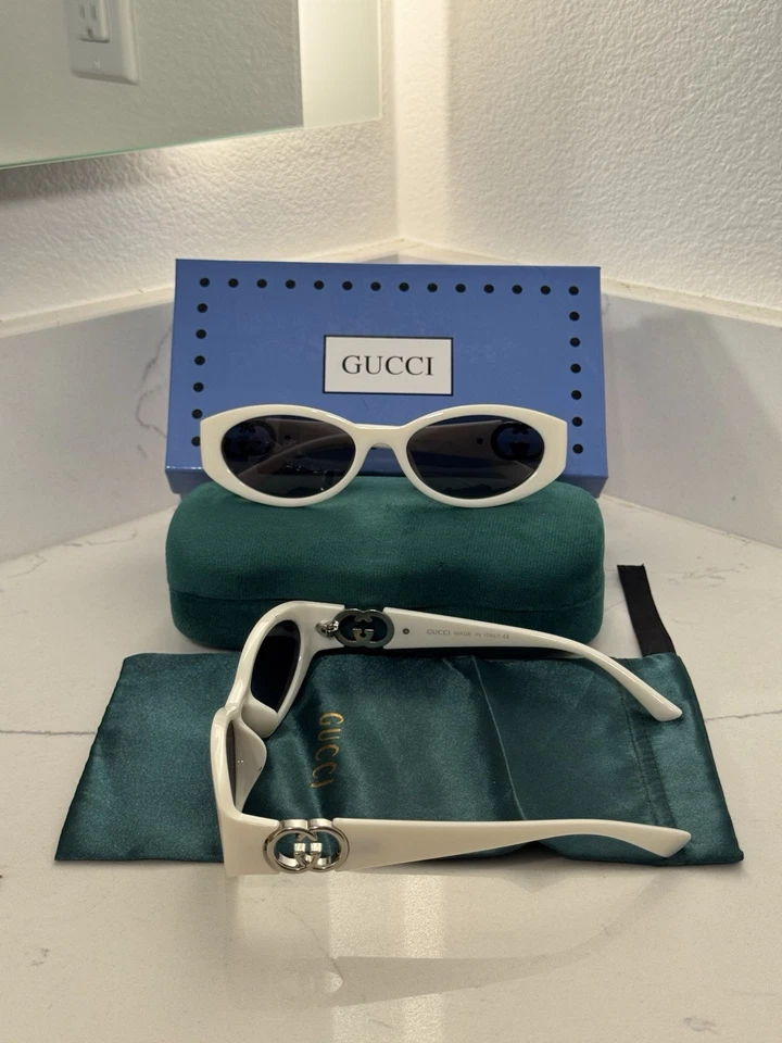 WHITE Gucci GG1660S 004 Sunglasses with silver GG logo Oval With Box Y2K Rave - Image 2 of 4