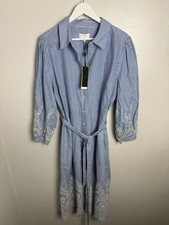 Hobbs Juliette Blue Ivory Striped Embroidered Belted Midi Shirt Dress 18