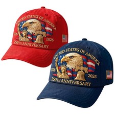 2-Pack 250th Anniversary USA Hat Bald Eagle One Size, Navy Blue red