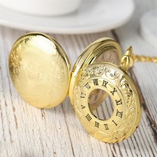 Engraved Pocket Watch Gold Roman Numerals Hand-winding Mechanical w/ Chain Gift