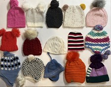 EUC Lot of 15 Winter Youth Toddler Girls Knitted Lined Youth Beanie Hats Pom Pom