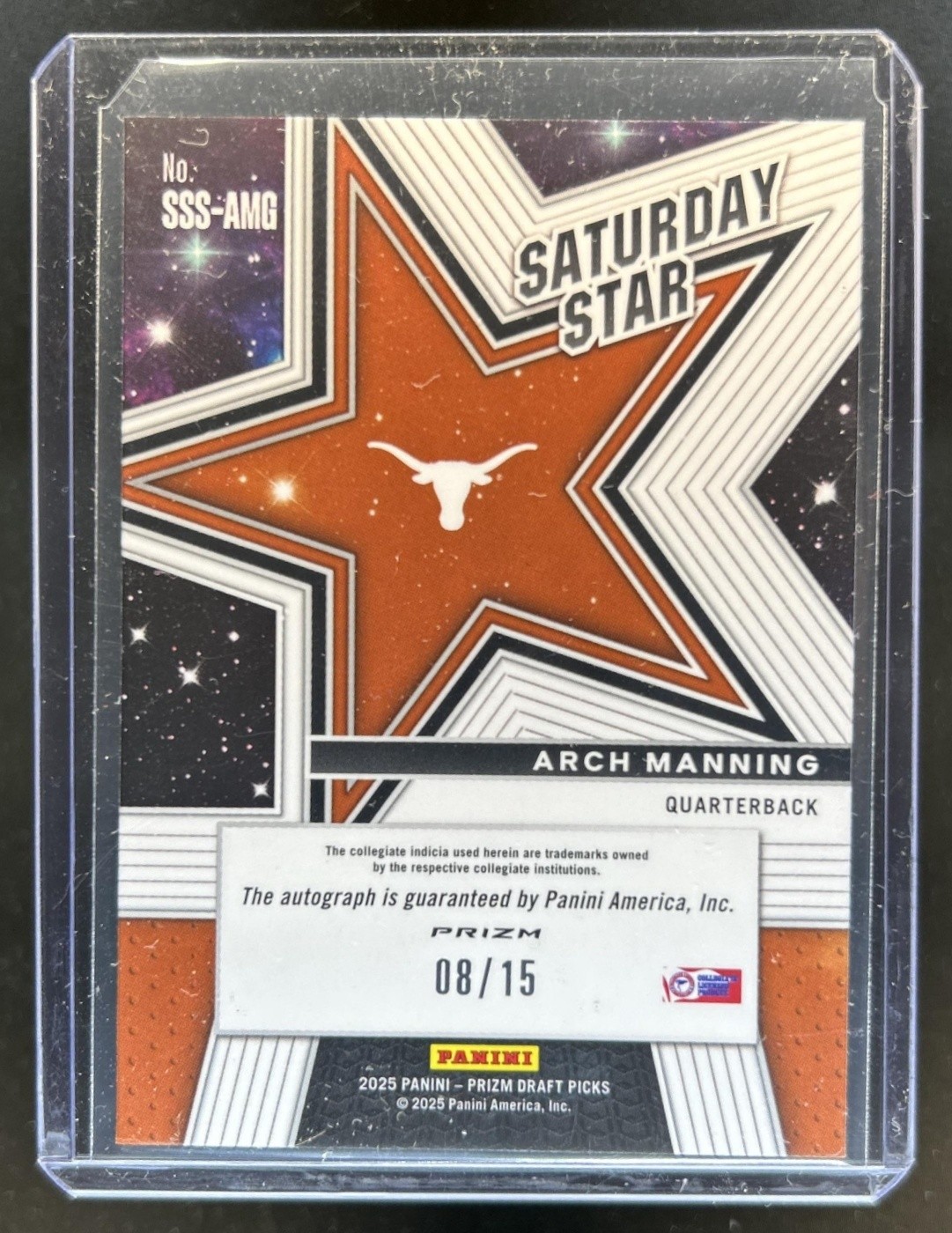 2025 Prizm Draft Arch Manning Saturday Star Signatures Gold Shimmer Auto #/15 view 2