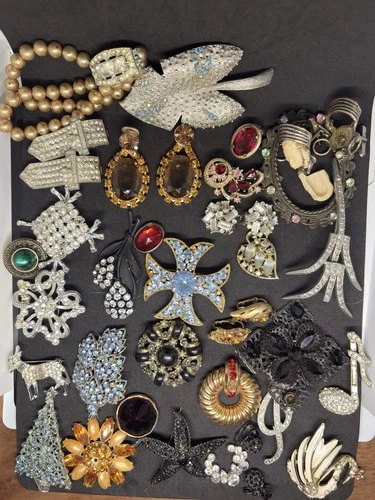Vintage Costume BSK Coro Lisner Rhinestone Floral Repair Brooch Jewelry Lot Read