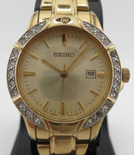 Seiko Gold-Tone Swarovski Crystal Quartz Watch - SUR860 6N22-00B0 - New Battery