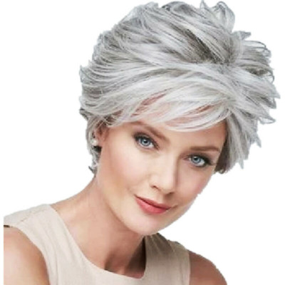Short Silver Gray Pixie Cut Synthetic Wig with Bangs for Women Daily Wear