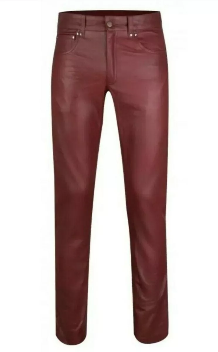 Men GENUINE COW LEATHER Jeans Style 5 Pocket Motorbike Burgundy