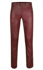 Men Genuine Cow Leather Jeans Style 5 Pocket Motorbike Burgundy Pants Men Genuine Cow Leather Jeans Style 5 Pocket Motorbike Burgundy Pants