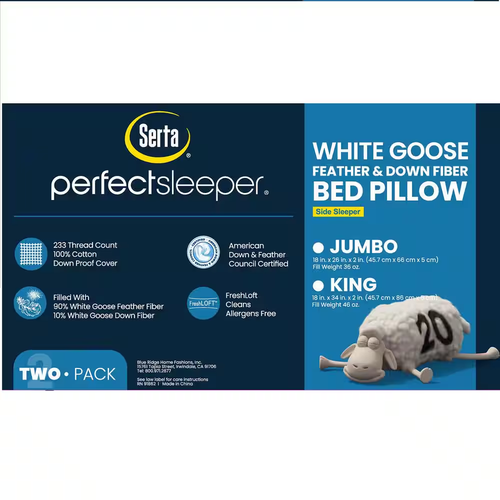 Serta Pillow 2-Pack 233-Thread Goose Feather Side Sleeper Medium King White - Picture 4 of 12