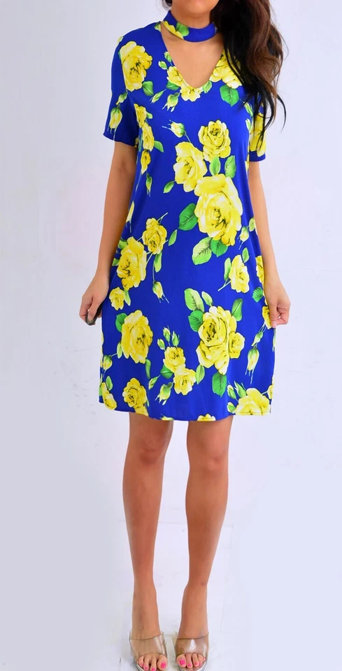 Vestido Soprano Azul Amarillo Verde Floral Cambio Manga Corta L Grande Foto 3 de 4