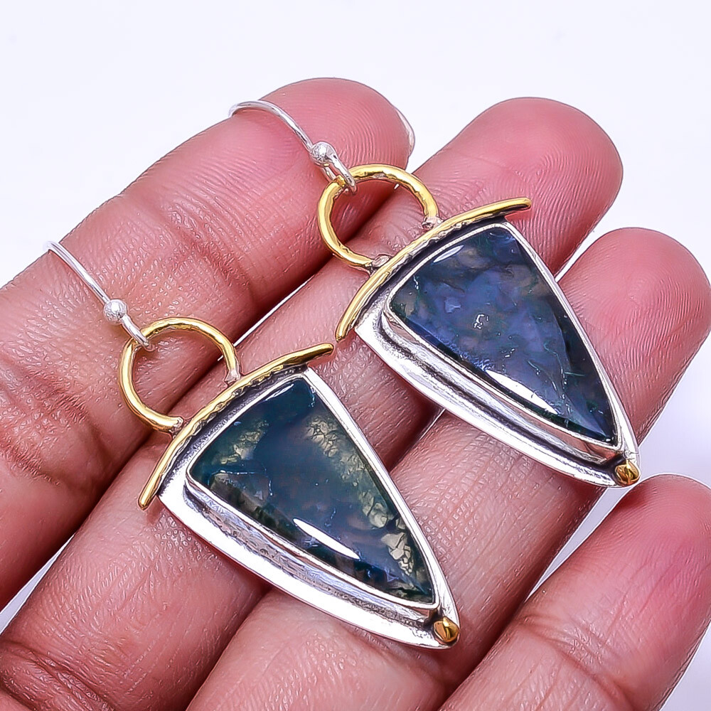Natural Moss Agate 925 Sterling Silver Two Tone Earring 2.03