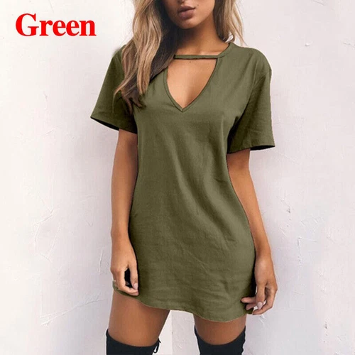 Damen T-Shirt Kleid V-Ausschnitt Sommerkleid Kurzarm Boho Strand Sommerkleid - Bild 38 von 49