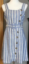 Gilli Belted Striped Overall Dress Sz M Blue Button Up Smocked Nautical Modern